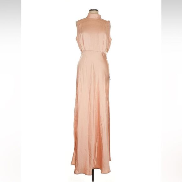 Lulus Classic Elegance Blush Satin Sleeveless Mock Neck Maxi Dress Small NEW - Picture 14 of 15